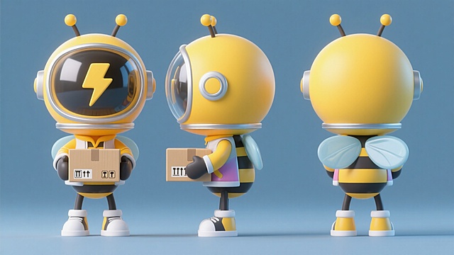 卡通潮玩，黄色蜜蜂拟人，巨大的头，头中间有个闪电符号 ，宇航员玻璃头罩，手里拿着快递盒，搞怪，可爱，时尚的服饰，纯色背景