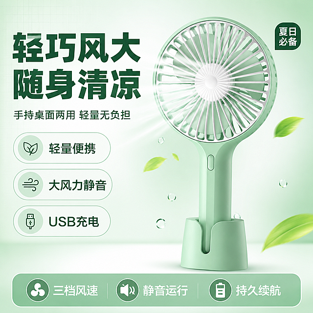 [单张主图] 薄荷绿手持小风扇（带底座）爆款促销感主图，主打轻巧风大卖点，适配淘宝/天猫平台，1:1方形电商主图。
[画面主体] 薄荷绿手持小风扇（带同色底座）居中偏右，正面微侧45度角，产品完整不裁切，占画面约55%。保持风扇外观（物理结构、材质质感、薄荷绿颜色、白色扇叶网罩、手柄按键、底座造型）与输入产品图完全一致，杜绝任何变形和色差，精细化处理。风扇处于工作状态，扇叶有轻微动态模糊感表现风力，前方有半透明气流线条示意风感。
[构图版式] 采用左文右品标签参数型爆款版式。左侧约40%区域为文案信息区，右侧产品主体区，底部18%区域为通栏卖点权益条。信息层级：主标题 > 核心利益点 > 产品主体 > 辅助卖点标签 > 底部权益条。
[场景元素] 背景为清新渐变的浅薄荷绿到白色径向渐变，干净清爽有夏日感。产品下方有柔和圆形投影承托，不悬浮。左上角有轻量品牌位留白。产品周围点缀几片半透明的清凉叶片和细小水珠元素，强化清凉感，不遮挡主体。左侧文案区背景有极淡的细网格纹理增加质感。
[文案版式] 左上主标题两行超大粗黑体：第一行"轻巧风大"，第二行"随身清凉"，字体为现代无衬线粗黑体，深绿色，字号最大。主标题下方一行稍小辅助文案："手持桌面两用 轻量无负担"，同色系中号字。主标题右侧有一个圆角小标签："夏日必备"，白字深绿底。左侧中部纵向排列3个圆角卖点胶囊，从上到下分别为："轻量便携"、"大风力静音"、"USB充电"，每个胶囊左侧配简约线条小图标，深绿描边浅绿填充。底部通栏为浅薄荷绿色圆角条，内部分三格左对齐：第一格"三档风速"，第二格"静音运行"，第三格"持久续航"，每格为图标+短文字组合，白色文字。所有文字清晰可读，不遮挡产品主体。
[光影质感] 主光从左上方45度斜射，柔和均匀，产品表面有自然高光过渡，塑料材质呈现哑光微光泽质感。右侧有弱补光减少暗部死黑。产品下方有柔和接触阴影，投影方向与主光一致。整体光线明亮通透，夏日清凉感，商业摄影级质感。
[配色字体] 主色调：薄荷绿、白色；辅助色：深薄荷绿、浅草绿；强调色：白色。字体全部使用现代无衬线黑体，主标题粗重醒目，辅助文案中等字重，卖点标签清晰易读。字号层级对比强烈，主标题比底部文字大3倍以上。
[比例分辨率] 1:1正方形比例，2K超高清分辨率，文字清晰锐利，商业电商主图质感。
[负向提示词] 产品变形，文字错乱模糊，色差，背景杂乱，水印，电商平台Logo，多余的手和手指，畸形结构，产品悬浮无阴影，扇叶数量错误，按键位置错误。
