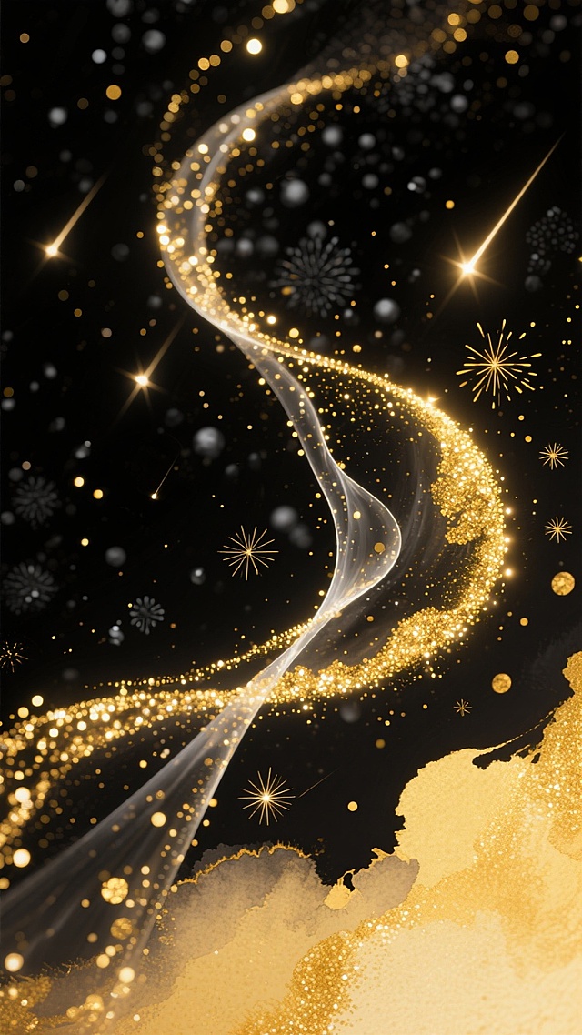 黑色背景图，金色水彩质感，金色闪粉粒子散布，高贵的黑金渐变