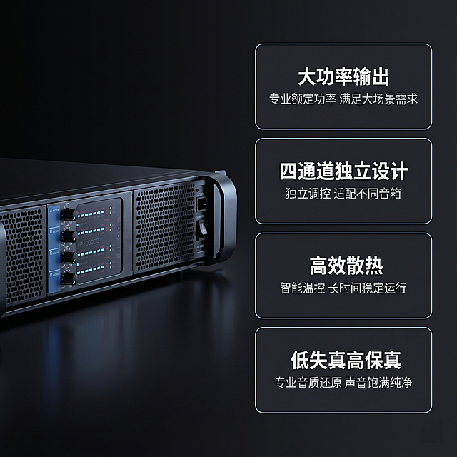 [主图 2] 专业功放核心参数展示图。
[氛围风格] 专业黑色高级感科技冷感风格，理性精准质感高级；
[画质] 商业摄影质感、光线柔和通透、产品清晰真实、画面干净高级。
[元素] 左侧展示FP系列大功率功放产品主体，保持产品外观（物理结构、材质质感、颜色）与输入产品图绝对一致，杜绝任何变形和色差。右侧采用栅格卡片设计，四个圆角功能卡片竖向排列，背景深黑灰色，文字白色。保持商品主体清晰不被遮挡，商品占比约50%。背景纯黑渐变，整体简洁专业。
[光影] 真实光影，冷光高对比，金属拉丝纹理清晰，边缘高光勾勒轮廓，层次分明。
[配色] 主色调黑色高级灰，卡片浅色描边，白色文字清晰易读。
[视角构图] 左产品右参数的横版构图，左右分区清晰。
[文字版式] 右侧卡片从上到下依次为：①大功率输出「专业额定功率 满足大场景需求」②四通道独立设计「独立调控 适配不同音箱」③高效散热「智能温控 长时间稳定运行」④低失真高保真「专业音质还原 声音饱满纯净」，主标题加粗更大字号，说明文字小一号，深浅对比清晰易读。
[比例分辨率] 1:1 比例，2k 分辨率；文字清晰锐利，画面超高清。
[负向提示词] 变形，水印，文字错乱，产品图模糊，背景杂乱，价格信息