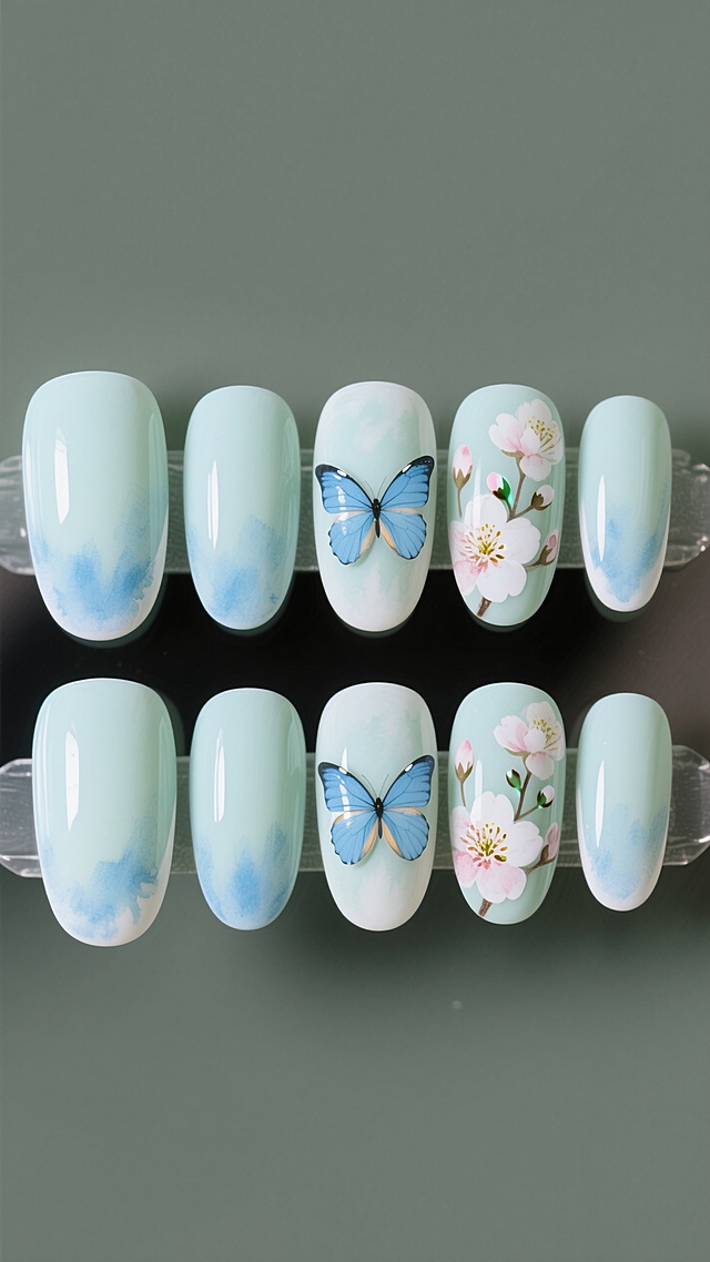 清新水彩风美甲，工笔花蝶点缀，春意盎然。