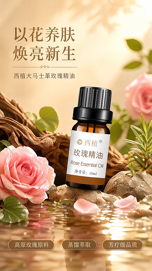 [第1张] 详情页头图主视觉-西植玫瑰精油产品全貌海报。本张使用【图1】作为商品主体，产品精修高清，瓶身标签文字清晰可辨。
[氛围/风格] 高端大气有质感，自然清新植萃感，大品牌商业摄影质感，暖调清新色系。
[元素布局] 精油瓶置于画面中央偏右，占比约45%，瓶身直立微侧45度；左侧及底部布置沉木枯枝、粉色玫瑰花、绿色植物叶片、浅色沙石，前景有水面倒影与微光；背景为浅米杏色渐变，柔和不压产品；瓶身结构、棕色玻璃瓶、黑色瓶盖、白色标签与输入产品图完全一致，标签上"西植""玫瑰精油""Rose Essential Oil""净含量:10ml"文字清晰。
[光影质感] 左上方柔和自然光，右侧辅光补亮，瓶身玻璃通透有高光，底部自然柔和投影，整体光影层次丰富，产品立体突出。
[配色色系] 全局底色 #F5EFE6（浅米杏色）；主色玫瑰粉棕、草木绿；辅助色暖金、深棕沉木色。
[视角构图] 正面微俯视角度，产品为绝对视觉中心，阅读动线左上标题 → 中央产品 → 底部卖点条。
[文字版式] 左上标题区：主标题「以花养肤 焕亮新生」大号衬线字体，副标题「西植大马士革玫瑰精油」小号细体；底部横排3个圆角胶囊卖点：「高原玫瑰原料」「蒸馏萃取」「芳疗级品质」，文字不遮挡瓶身主体。
[比例分辨率] 9:16竖版比例，4K分辨率，文字清晰可辨，高清画质。
[负向提示词] 瓶身变形，缺件错件，标签文字错乱模糊，颜色偏差，深色背景，水印，文字过小，背景杂乱，产品图模糊。