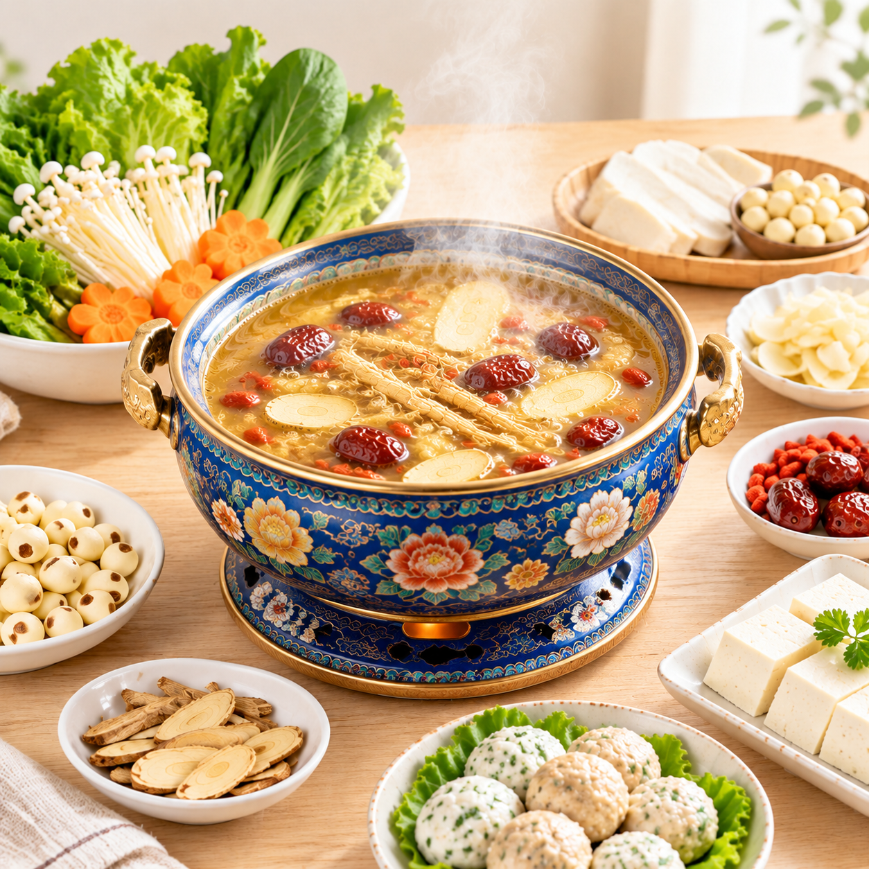 清新明亮的药膳养生小火锅美食摄影图，正方形构图，参考图中温馨舒… - 图片创意预览