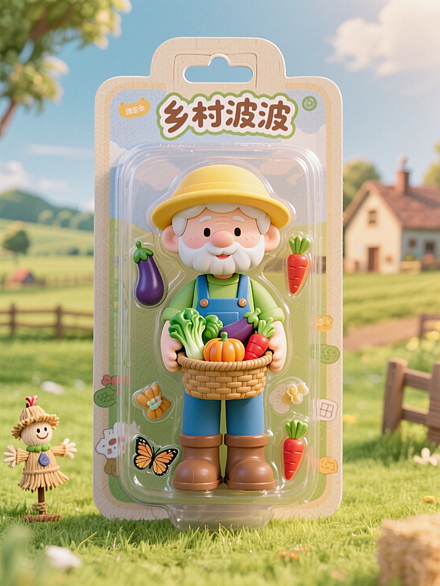 盒子上有描边文字“乡村波波”，田园农场风