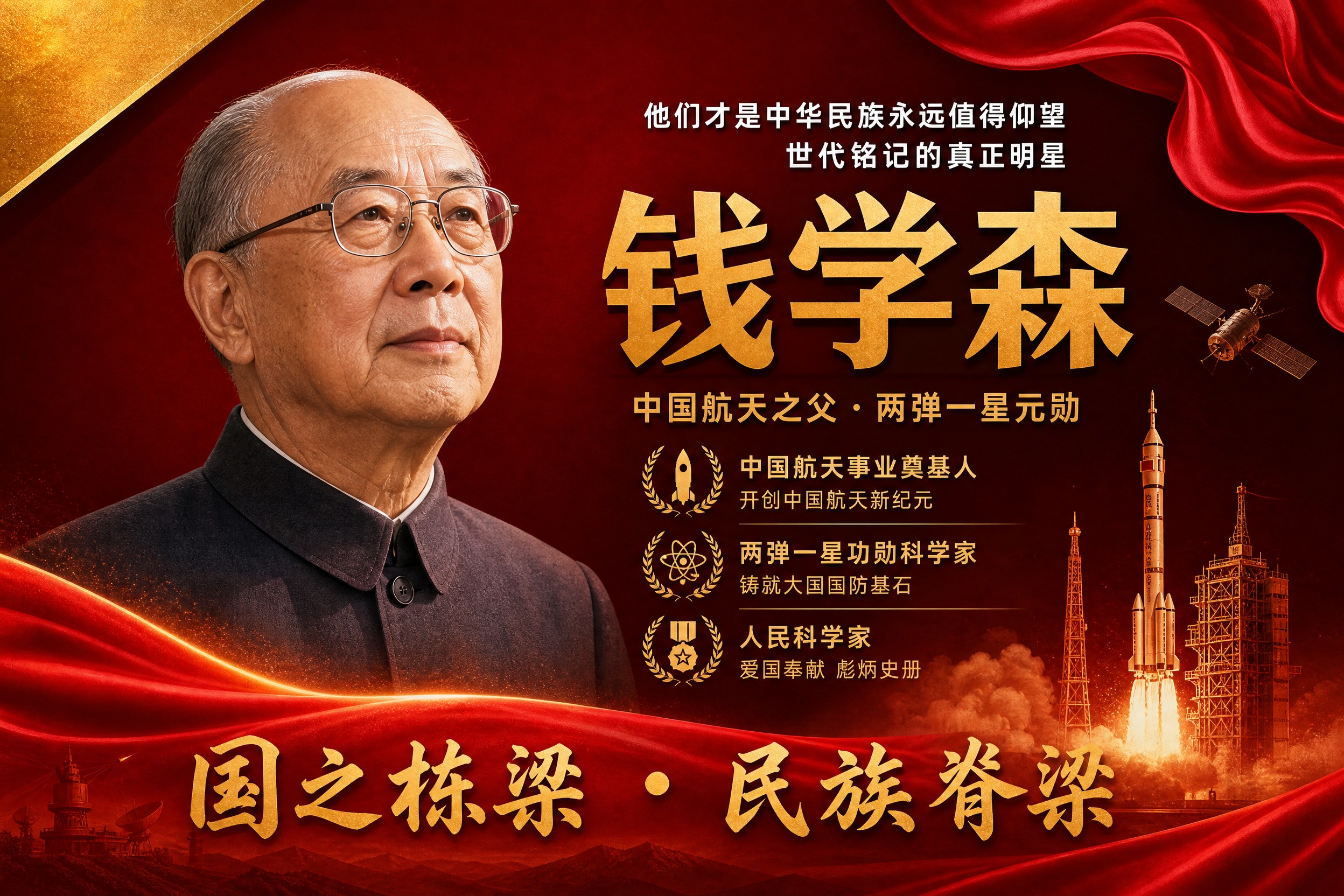 横版国之栋梁人物挂画海报，钱学森主题，参考图风格复刻，红金配色… - 图片创意预览