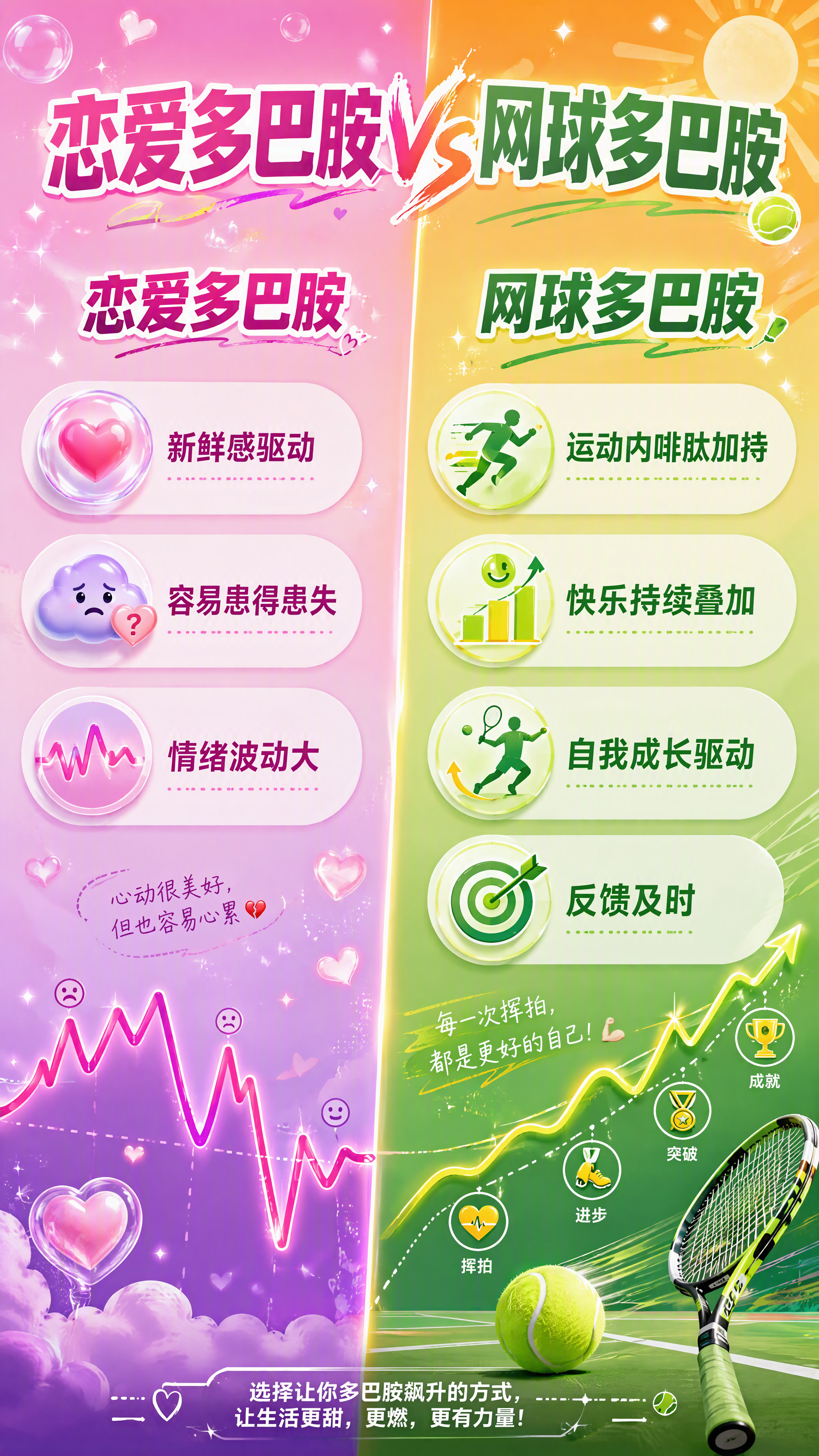 一张竖版对比详情图，主题为「恋爱多巴胺VS网球多巴胺」。画面左… - 图片创意预览