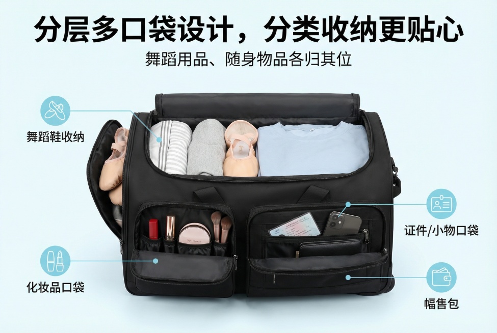 电商卖点详情图，画面展示包的多层口袋，分别装着舞蹈鞋、化妆品、证件等物品，上方配大字号文字卖点"分层多口袋设计，分类收纳更贴心"，下方小字"舞蹈用品、随身物品各归其位"，使用现代无衬线字体，主色调为黑预览效果