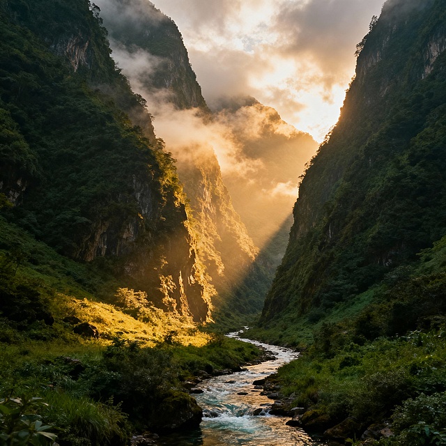 青云峡，峡谷两侧是陡峭的青山，山间云雾缭绕，一条清澈的溪流从峡谷底部蜿蜒流过，溪边长满了绿色的植被，阳光透过云层洒在峡谷中，形成斑驳的光影效果，整体画面宁静而壮丽