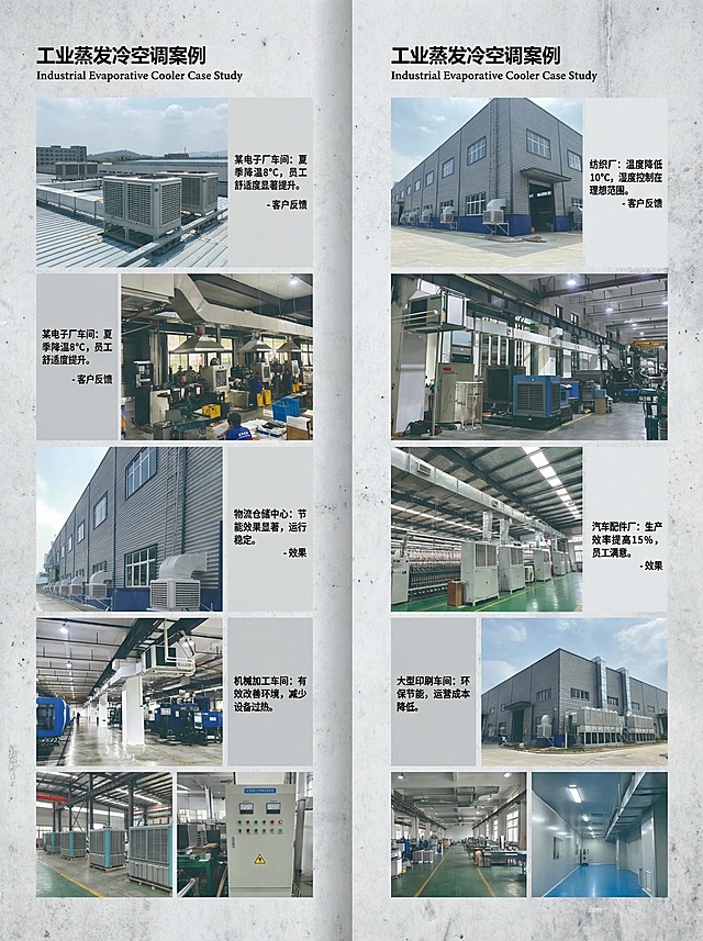 工业科技风，沉稳专业，3:4比例，工业蒸发冷空调客户案例展示模块，排版多张真实安装使用场景实拍图，搭配文字说明客户反馈和降温效果，背景为浅灰工业风格