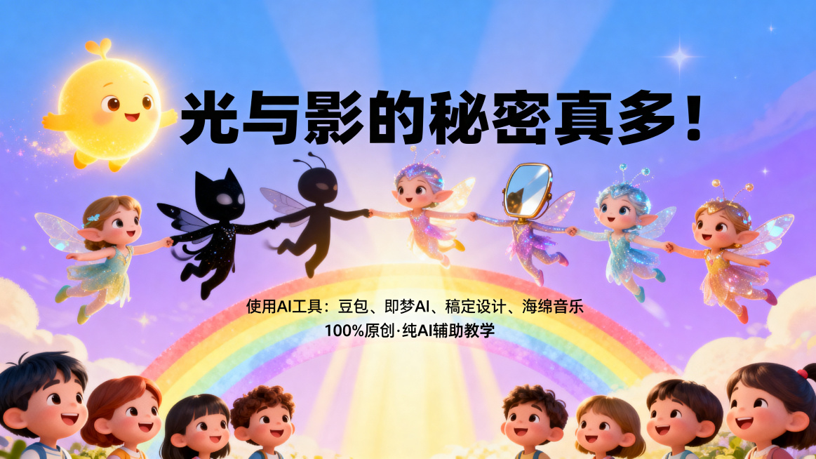 中班幼儿科学微课PPT内页，第19页全集结尾，卡通梦幻风格，皮克斯风格，明亮色彩，主色调蓝紫黄渐变，幼儿视角。光宝宝、影子精灵、镜子精灵手拉手飞向彩虹，屏幕中央大字"光与影的秘密真多！"，下方小字"使预览效果