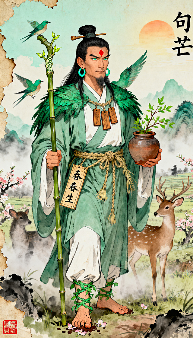 绘制春神句芒：四十岁左右男性神人，面容方正刚毅颧骨突出，眉如刀裁眉尾上扬，细长眼睛淡青色瞳孔，目光温和深邃慈悲；乌黑长发高髻木簪固定余发披肩，额头正中有朱红色菱形印记，耳朵稍大耳垂挂青绿色玉环；身穿多层交领青绿色麻布长袍内衬素白，腰间系草绳挂三枚木制令牌，肩披翠绿色青鸟羽毛披肩，赤足脚踝缠青藤脚趾沾泥土花瓣；右手持青竹杖杖头刻嫩芽纹样，左手托陶罐罐中生新绿枝条，腰间别竹简上书古隶“春生”二字；立于初春田野之中，身后桃李初开，脚下薄雾远处青山，天空春日暖阳，身侧有青鸟和鹿两只灵兽；风格为宋代院体画工笔人物，铁线描，水墨为底，局部淡青、草绿、赭石施色，纸张泛黄边缘破损，左下角红色印章，右上角古隶书题字“句芒”，整体氛围温和、生发、神秘，带有迎春仪式的肃穆与希望，避免text, watermark, signature, low resolution, deformed hands, bad anatomy, extra fingers, cropped, jpeg artifacts, ugly, blurry, distorted face, extra limbs, missing limbs, bad proportions, overexposed, underexposed, noisy, grainy