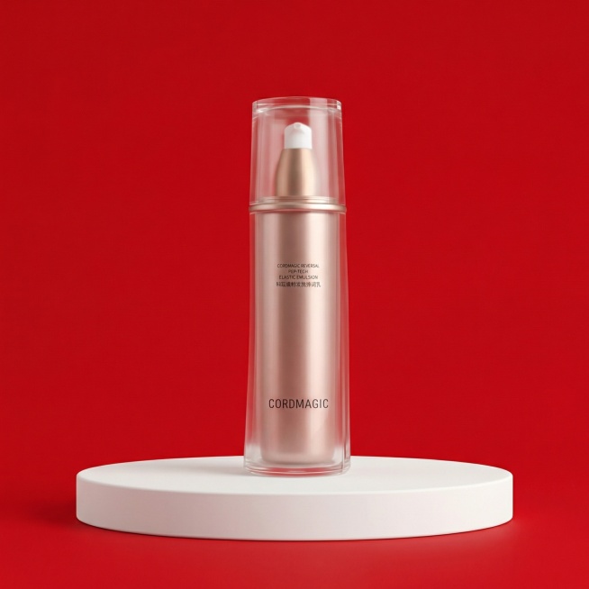 「图片1」生成红色背景，产品在白色展示台上预览效果