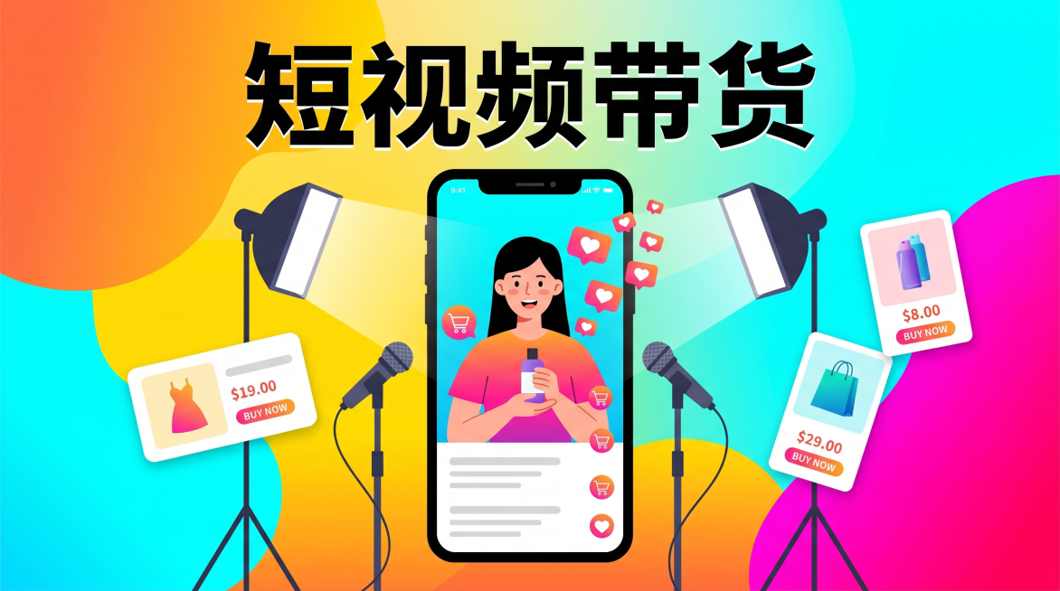 短视频带货主题banner，现代电商风格，明亮活力色调，包含直播带货展示元素，画面简洁大气适合平台横幅展示，包含清晰的标题文字"短视频带货"预览效果