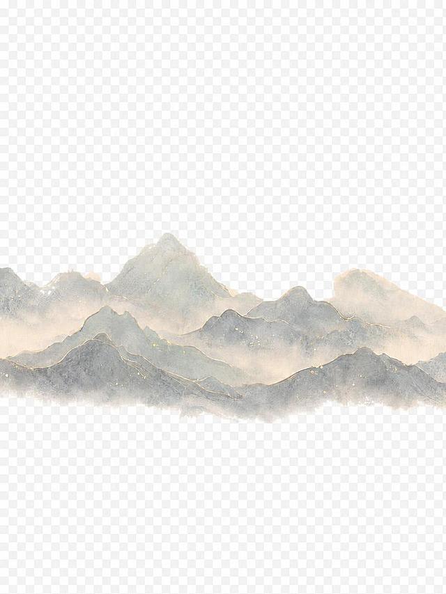 降低山峦的色彩饱和度，使整体色调偏灰、偏淡雅，青绿色和蓝色变得更柔和低饱和，参考第二张图的淡雅米黄青绿风格，让两张图色调协调统一，保留金线勾勒、云雾、洒金点缀和透明背景，山的形状和构图完全不变