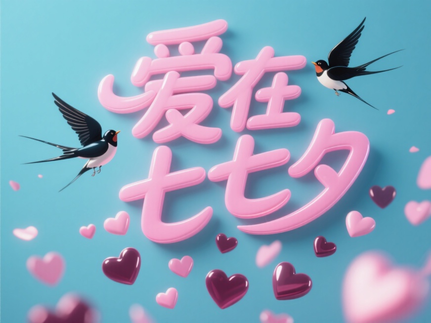 纵向写着“爱在七夕”，字体颜色的是粉色的，边上飞着喜鹊，字体的下方散落着爱心。整体氛围是粉色浪漫的。预览效果