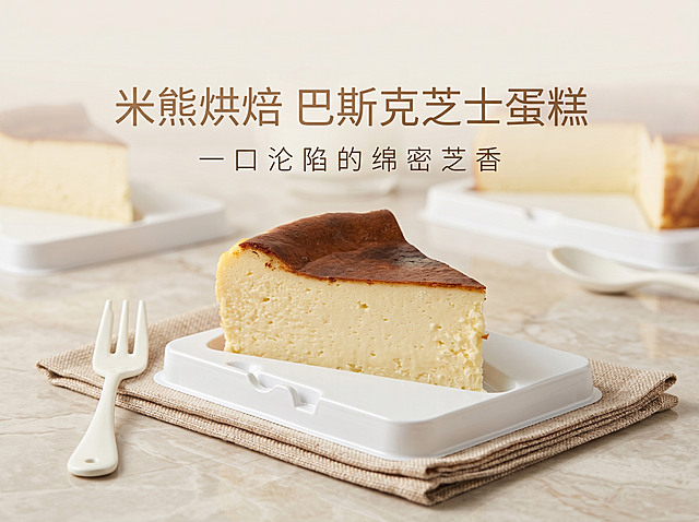 4:3 比例，电商详情页首屏主视觉，简约轻奢风，背景为浅米色大理石桌面，中央摆放米熊烘焙巴斯克芝士蛋糕切件，搭配白色陶瓷叉勺与浅棕色餐垫，柔和自然光营造治愈下午茶氛围。主标题 “米熊烘焙 巴斯克芝士蛋糕” 采用无衬线极简文字，居中对称排版，副标题 “一口沦陷的绵密芝香” 为细体留白文字，低饱和暖棕配色，画面干净通透，突出产品高级质感，风格统一，无杂乱元素。