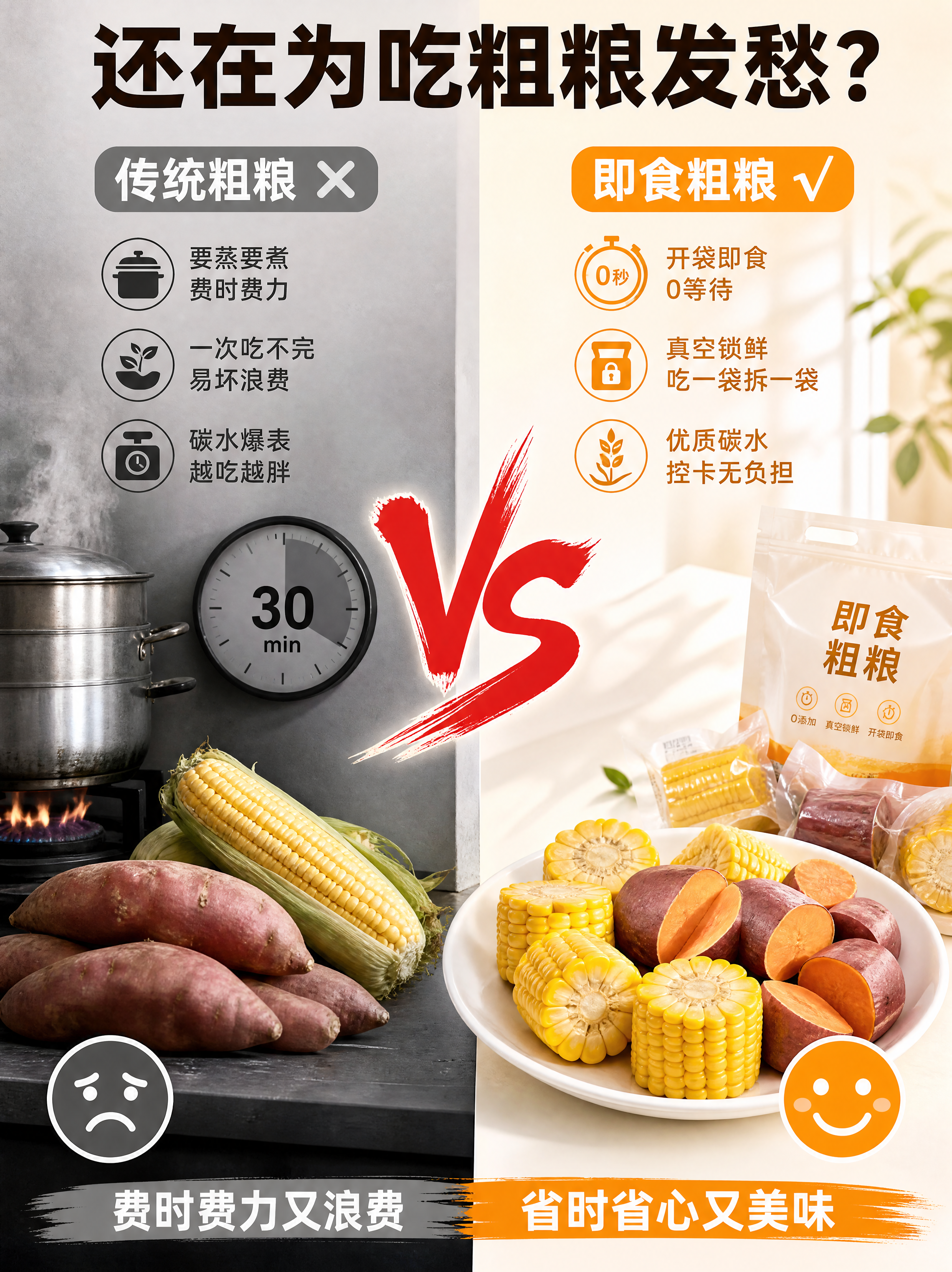 电商详情页痛点对比图，传统粗粮VS即食粗粮左右对比。画面左右分… - 图片创意预览