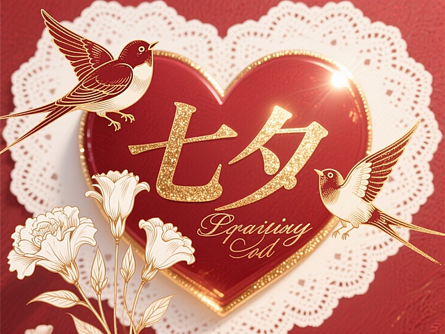 七夕插画风设计，鎏金大字彰显中式浪漫，喜庆心形与飞鸟点缀，尽显节日氛围。