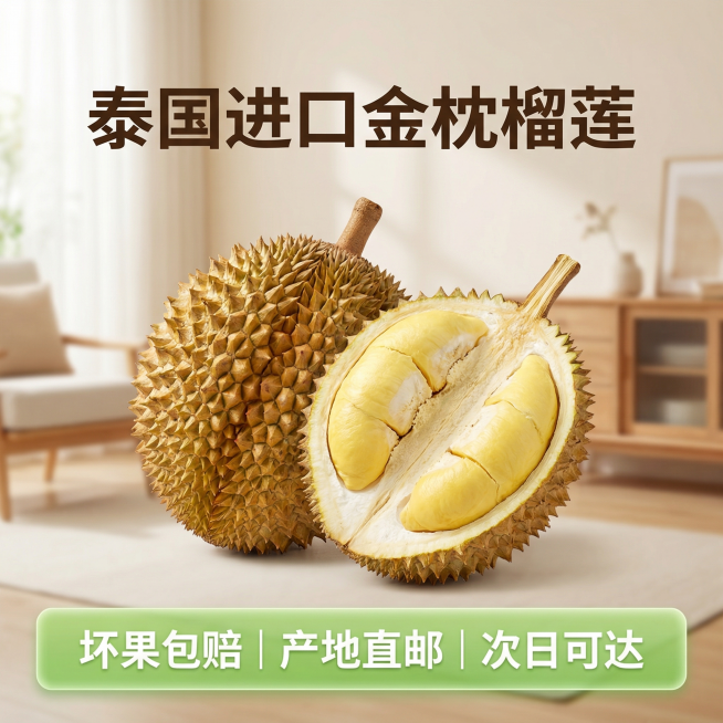 [主图5 服务承诺促进转化]
[主图主题] 金枕榴莲服务保障承诺
[氛围/风格] 简约干净，信任背书
[画面元素] 完整带壳金枕榴莲搭配半块果肉展示在画面中心，背景保持简洁舒适家居风，和前面四张图风格预览效果