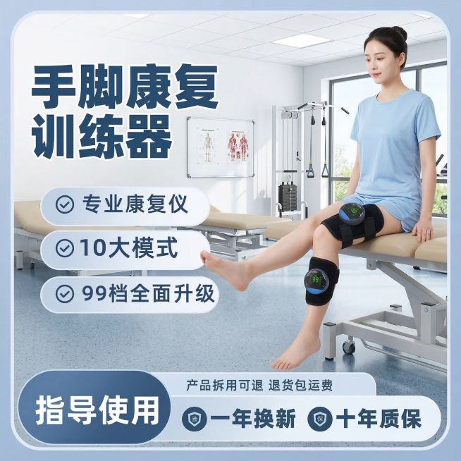 修改这张康复训练器宣传图：保留康复训练器产品原样，模特腿部动作改为不同的康复训练动作，模特皮肤增白自然，背景替换为明亮的医院或康复中心室内场景，卖点文字内容完全不变，修改文字颜色和框架模板为更专业的医预览效果