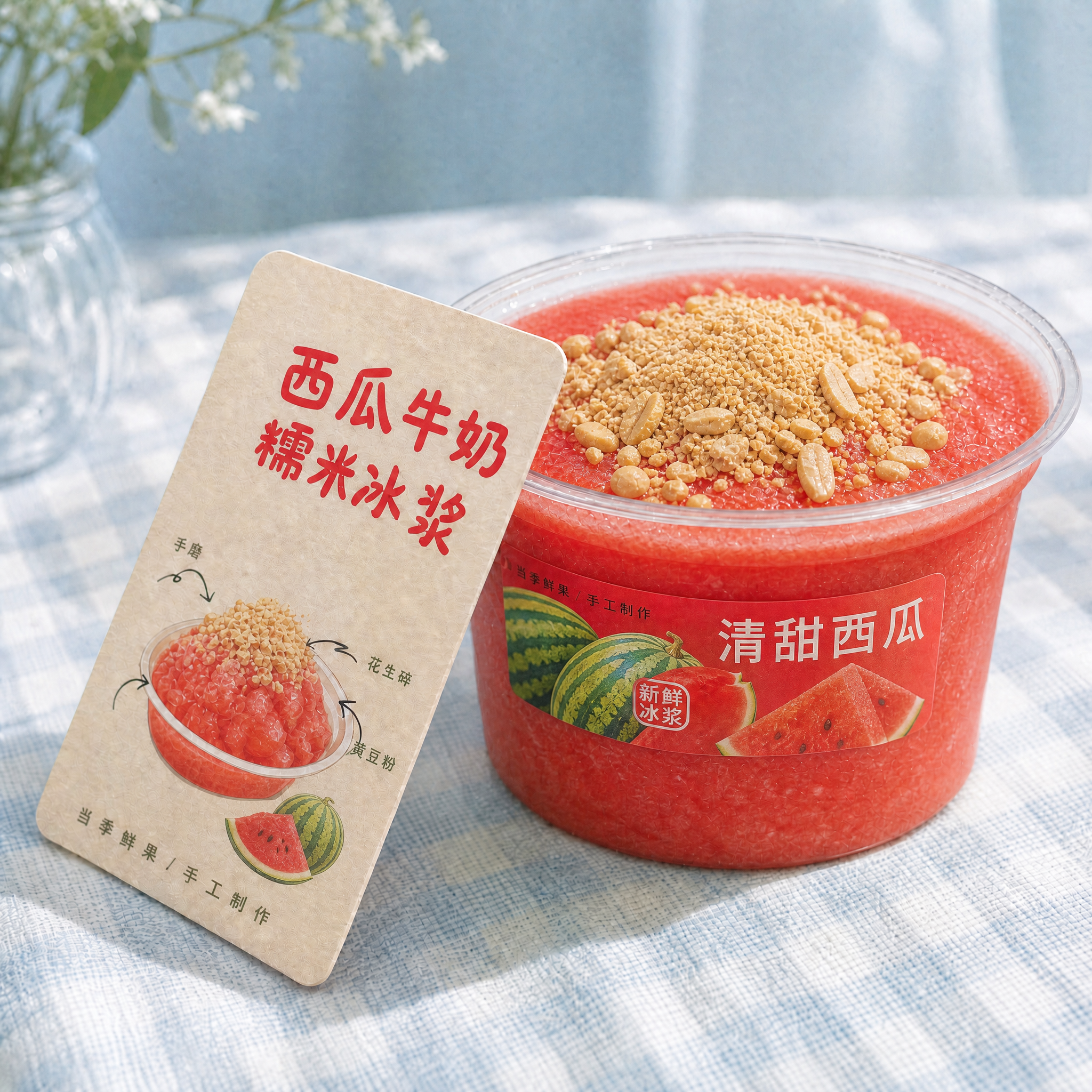 将图中的芒果冰浆更改为西瓜冰浆，保持完全相同的构图、摆放方式和… - 图片创意预览