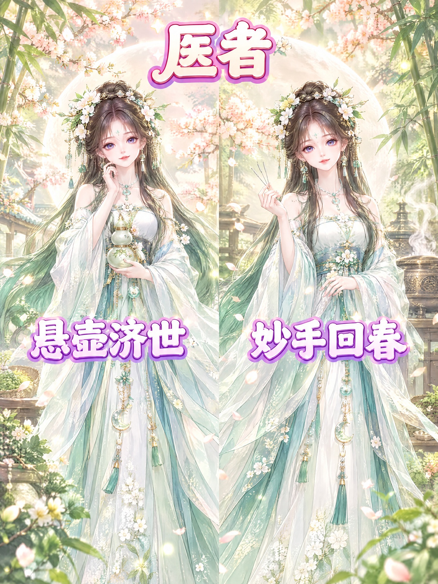 参考图的画风和左右分屏构图，角色替换为医者青囊仙子。顶部大标题… - 图片创意预览