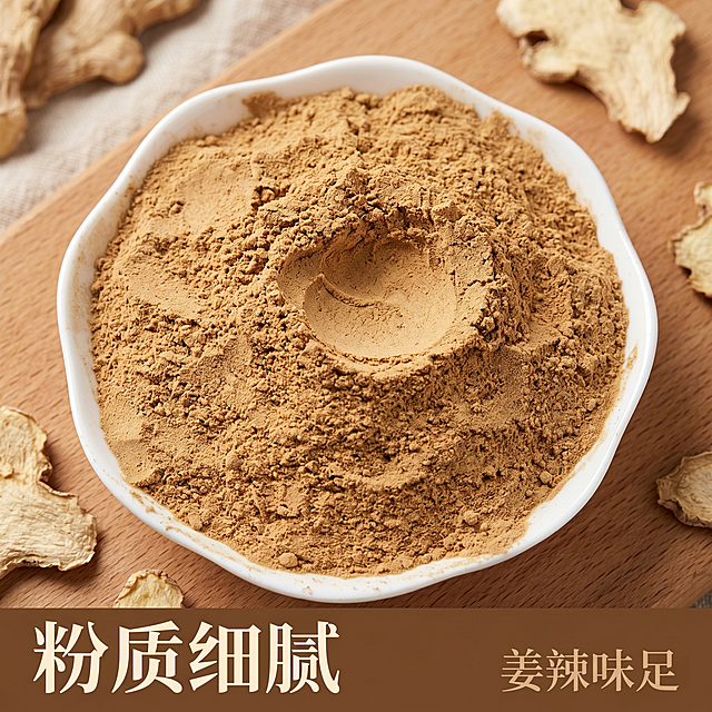使用电商主图技能生成5张比例1:1的电商主图，适配平台为，商品为「图片1」「图片1」「图片1」，商品卖点为九蒸九晒姜粉  手工小黄姜  粉质细腻 姜辣味足，其他要求为将产品至于不同场景中突出产品优点