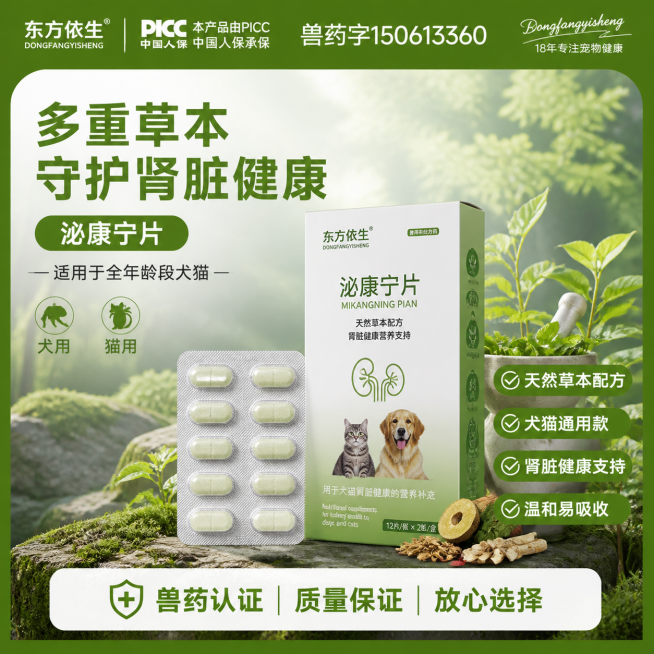 参考这张电商驱虫喷雾主图海报的风格，生成一张宠物泌康宁片产品主图海报，整体为绿色自然清新风格，左上角保留品牌“东方依生”，主标题为“多重草本 守护肾脏健康”，产品是泌康宁片，适用于全年龄段犬猫，主打肾预览效果