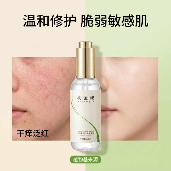 [主图-4] 扶匡礼植物基护肤精华油敏感肌修护功效主图，东方简约植萃风；商业摄影质感，画面干净通透；采用左右对比排版，左侧局部特写标注"干痒泛红"，右侧展示舒缓后的健康肌肤状态，中间放置产品瓶身，形成预览效果