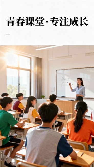 正面视角，一群充满活力的中国高中生在一个明亮的现代教室里，专注地看着讲台。一位富有魅力的老师正在白板上写字。阳光从窗户洒进来，氛围积极、专注。图片上方有足够的留白空间用于添加大标题文字。图片风格为现代预览效果
