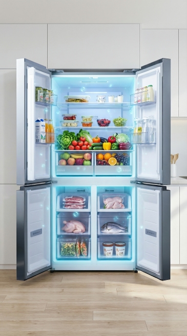 保持产品形态细节特征，视角是全景，将这个冰箱放置在简约现代的室内，并为冰箱添加合理的食物，带除菌效果示意预览效果