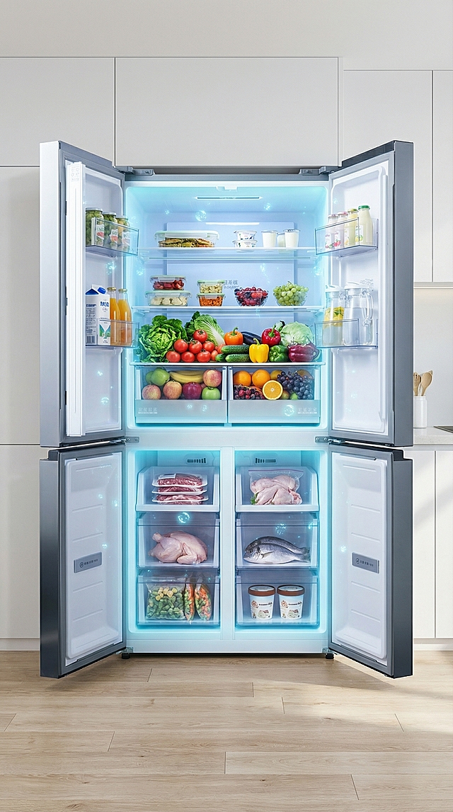 保持产品形态细节特征，视角是全景，将这个冰箱放置在简约现代的室内，并为冰箱添加合理的食物，带除菌效果示意