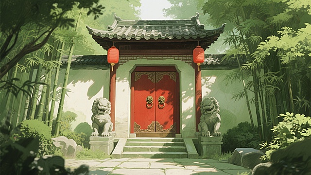 古风，绿色，大门，不要人，二次元，细节丰富，生成2张