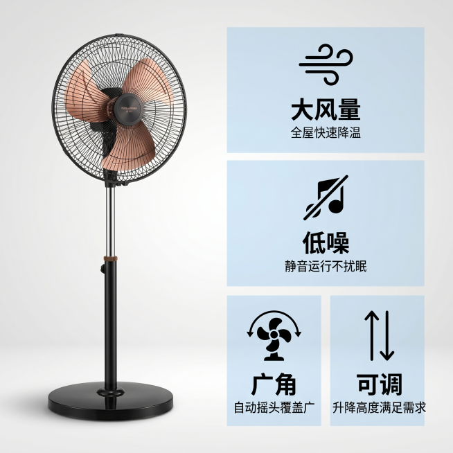 使用电商主图技能生成5张比例1:1的电商主图，适配平台为，商品为「图片1」「图片1」「图片1」「图片1」「图片1」「图片1」，商品卖点为大风力摇头静音落地扇家用商用办公室适用，其他要求为Fs-30-2预览效果