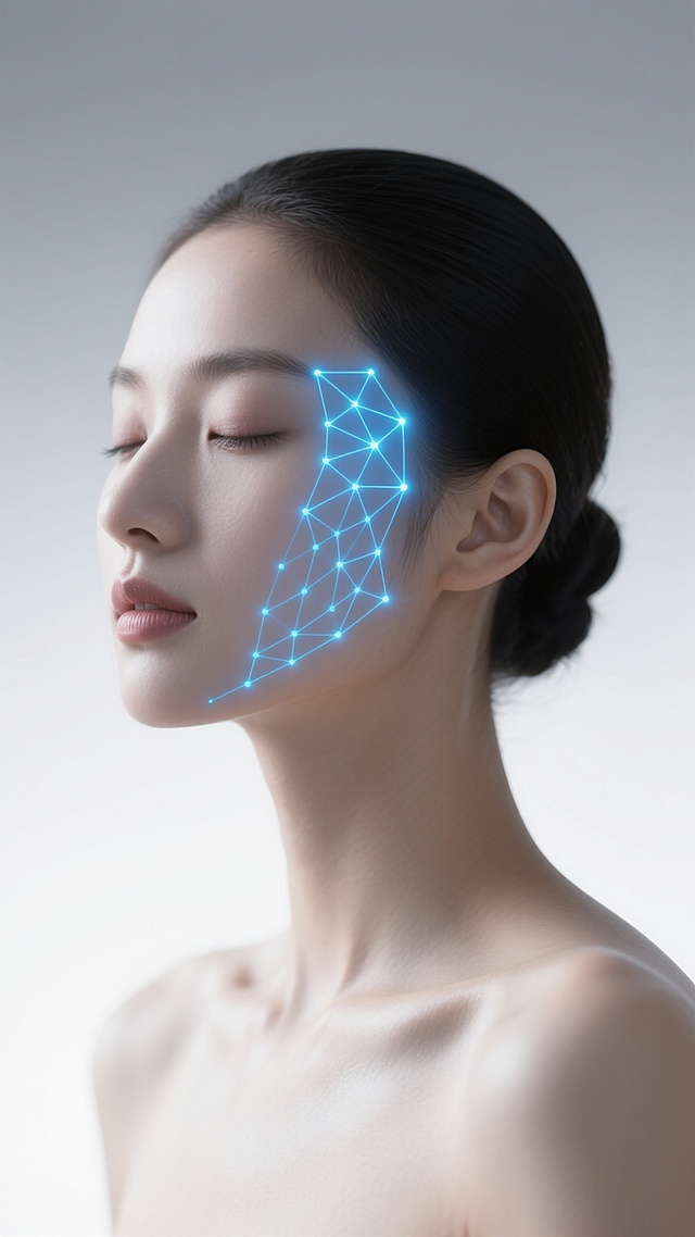 未来感与科技感交织，清透柔光映衬面部几何线条，3D虚拟现实风格呈现粒子光影流动，展现科技美学与人文之美的融合。