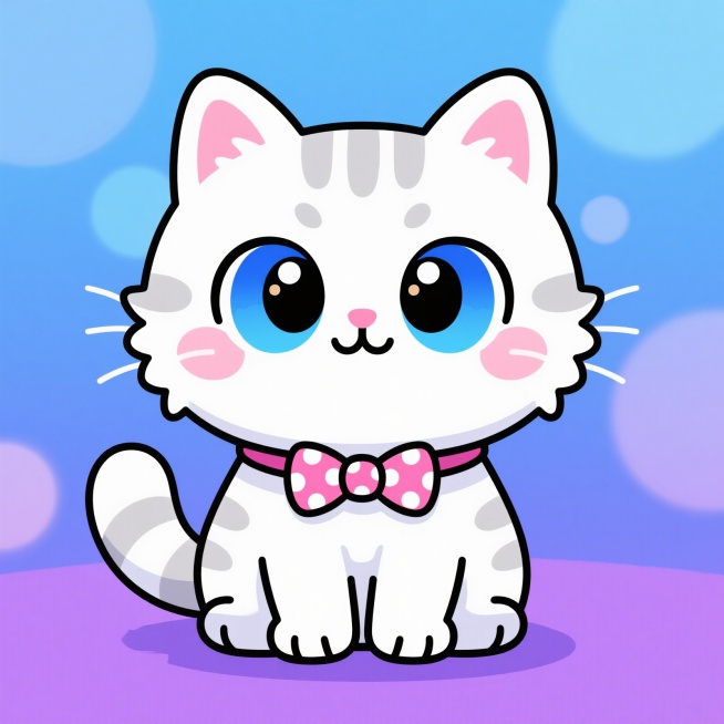 Q版卡通风格正面照猫咪，头部比例大于身体，超大蓝色渐变虹膜眼睛带多层圆形高光，白色毛发底色搭配浅灰色斑点条纹，边缘蓬松有层次感，脸颊粉嫩腮红，粉色领结带白色圆点，正面坐姿，背景为梦幻蓝紫色渐变光斑效果预览效果