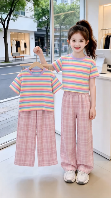 用图1短袖和裤子替换掉图2的模特身上穿的衣服裤子和模特手里衣架上挂着的衣服，保留原场景光影，保持图2的人物的五官和发饰不变，姿势不变，拍摄角度不变，模特的朝向不变，背景不变，图片宽高尺寸不变，保持图预览效果