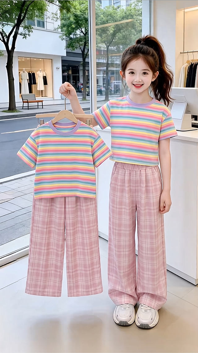 用图1短袖和裤子替换掉图2的模特身上穿的衣服裤子和模特手里衣架上挂着的衣服，保留原场景光影，保持图2的人物的五官和发饰不变，姿势不变，拍摄角度不变，模特的朝向不变，背景不变，图片宽高尺寸不变，保持图1的短袖和裤子的款式材质不变和颜色不变，高清