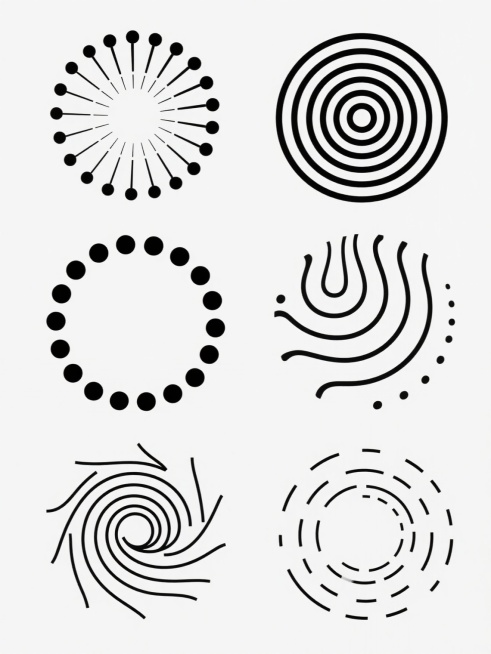白色纯色背景上，以简约现代的几何抽象风格，规整排布六个完全不同造型的圆形元素图案集合。每个圆形图案均由黑色圆点或线条构成，保持统一的极简主义视觉语言：第一个图案为从中心向外呈放射状均匀排列的渐变大小圆点组成的同心圆；第二个为圆点按螺旋轨迹从中心向外扩散并逐渐稀疏的漩涡状图形；第三个是由粗细一致的黑色短弧线按同心圆轨迹间隔排列形成的环形图案；第四个为圆点以中心为起点，按波浪状同心圆轨迹排列的起伏……预览效果