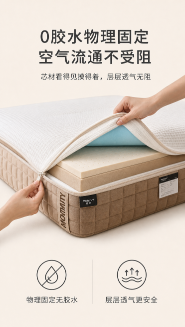 [第8屏] 0胶水物理固定工艺展示。参考参考图[image8]的排版风格。
[氛围/风格] 真实工艺展示，自然质朴，安全放心的氛围，和整体风格统一。
[元素布局] 参考参考图[image8]，上方大标预览效果