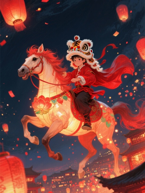 空中穿红绸舞狮服、戴虎头帽的少年骑着马造型的巨型花灯从远处奔腾而来，周身环绕红色光粒。背景是夜空下飞舞的红灯笼，底下是万家灯火，热闹喜庆。预览效果