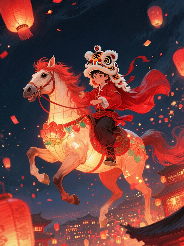 空中穿红绸舞狮服、戴虎头帽的少年骑着马造型的巨型花灯从远处奔腾而来，周身环绕红色光粒。背景是夜空下飞舞的红灯笼，底下是万家灯火，热闹喜庆。