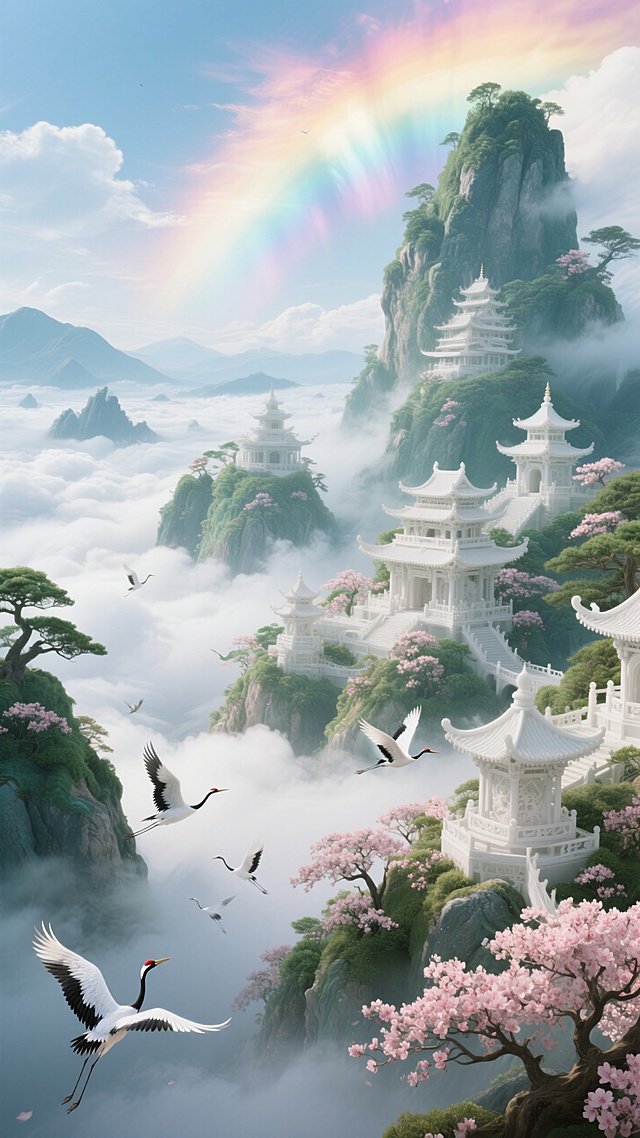 一个蓬莱仙岛，云海翻腾，白玉楼阁，仙鹤飞舞，桃花盛开，七彩霞光，青绿重彩，奇幻光影，山海经神话风格，超现实构图