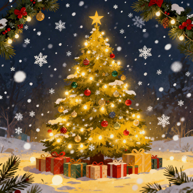温暖温馨的圣诞节场景，有装饰着彩灯和彩球的圣诞树，树下摆放着包装精美的圣诞礼物，天空飘着洁白的雪花，周围有圣诞花环、松枝装饰，整体氛围浪漫治愈，充满节日的喜庆感预览效果