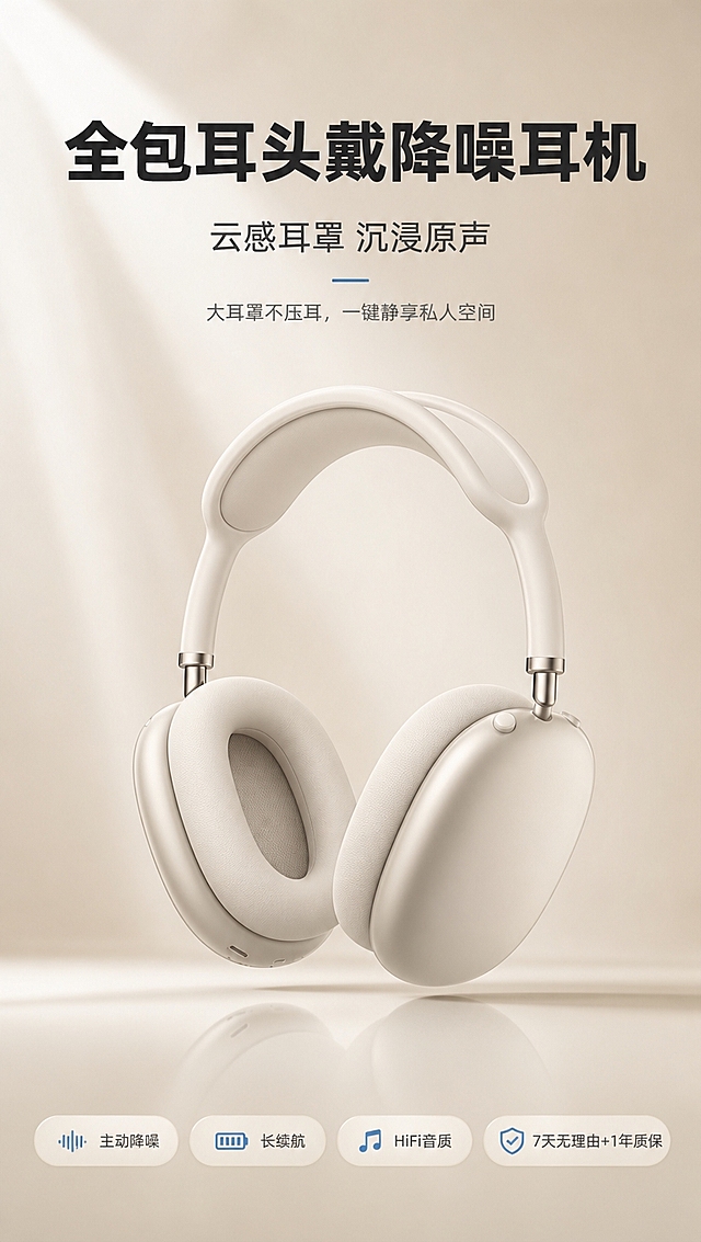 [商品] 使用【图1】米白色全包耳头戴式降噪耳机；保留耳机整体结构、圆润耳罩造型、金属转轴、云感头梁、米白配色和哑光质感；修复并增强产品质感，使表面光滑细腻，金属件有光泽，耳罩海绵纹理清晰。
[画面] 首屏海报，目标突出产品高端质感与核心卖点。居中偏下放置耳机主视觉大图，产品占画面约55%，微仰视角度，展现全包耳大腔体设计。上方留白放置主标题和副标题，底部放卖点胶囊。背景为浅米色渐变，柔和光影从左上方打下，耳机下方有自然投影和轻微地面反射，营造悬浮高级感。
[视觉] 套系策略：风格=简约高级数码商业摄影；标题字=现代无衬线粗黑体；正文字=简洁无衬线体；主色=浅米杏/奶白色；背景延展=基于浅米杏做深浅渐变、同色系柔和过渡和细腻哑光质感；强调色=雾霾蓝，仅用于小面积图标、引线、标签和点缀光效；标题色=深炭灰；正文色=中暖灰；组件=圆角浅底信息卡、细线引线、胶囊形卖点标签；光影=左前侧柔和漫射光，产品轮廓清晰，阴影柔和。
[文字] 上方居中主标题「全包耳头戴降噪耳机」，副标题「云感耳罩 沉浸原声」，副副标题「大耳罩不压耳，一键静享私人空间」；底部横向排列4个卖点胶囊：主动降噪｜长续航｜HiFi音质｜7天无理由+1年质保。文字全部横排，层级清晰，不遮挡耳机主体。
[规格] 图片比例9:16竖版，4K分辨率，避免变形、错字、文字过小、冷蓝背景、耳机颜色改变、结构失真、水印、平台Logo。