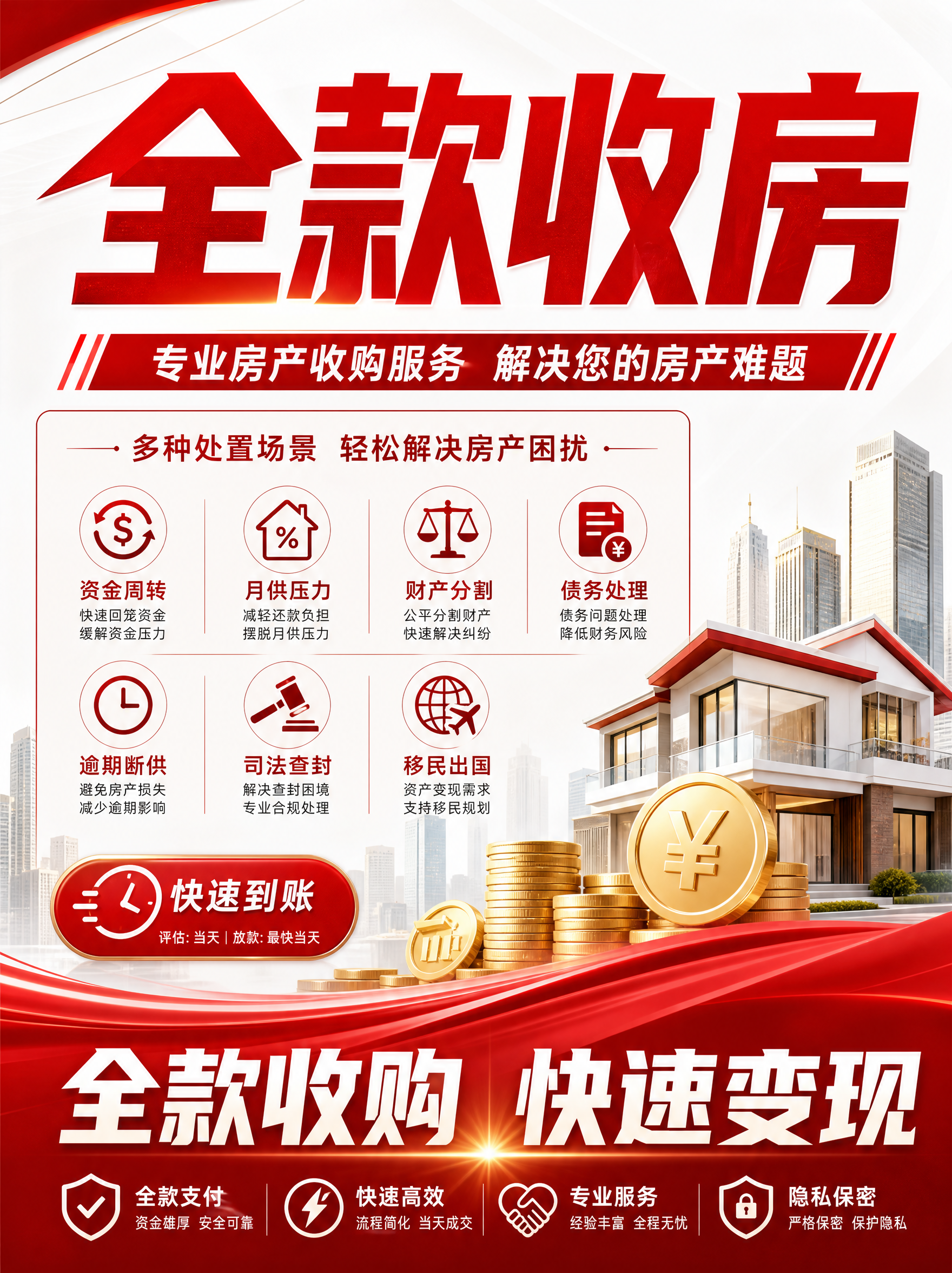 房产全款收购宣传海报，醒目直接的商务风格，红色与白色为主色调，… - 图片创意预览