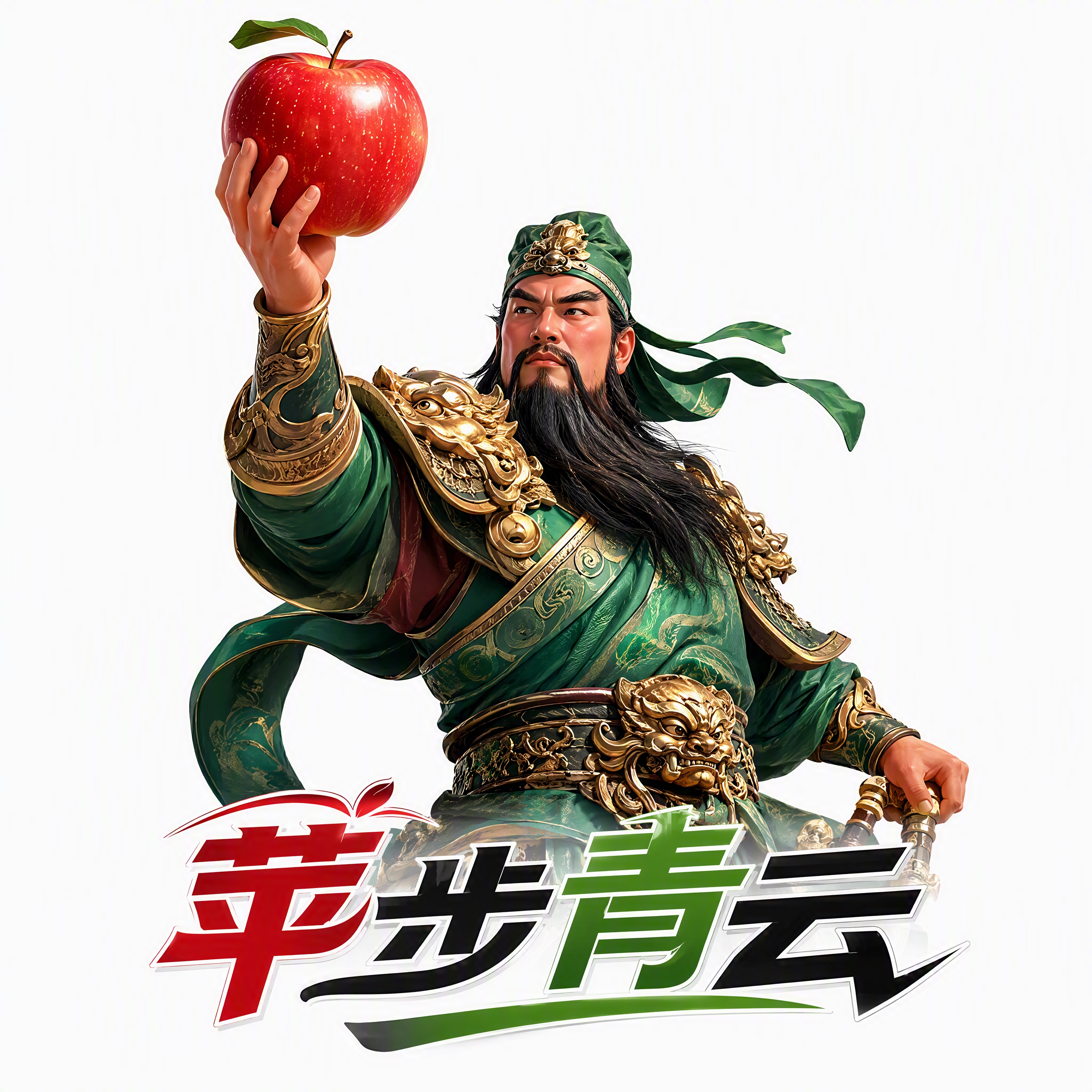创意插画，关羽形象人物单手高高举起一颗红亮饱满的苹果，苹果色泽… - 图片创意预览