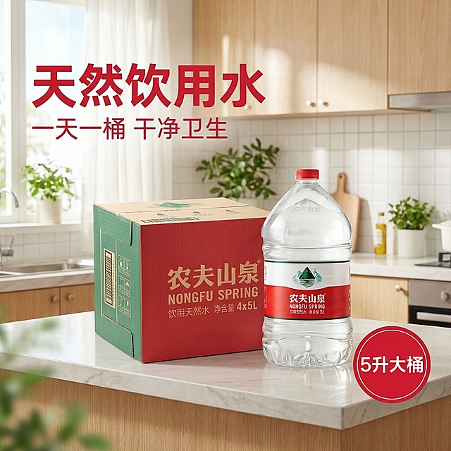 [垫图] https://gdesign-dam-hz.dancf.com/35940718248175750/6615b67bf7774a60944b440501263a18.jpg
[主图主题] 农夫5升天然饮用水首图
[氛围/风格] 温馨居家生活风格，自然柔和采光，干净通透质感
[画面元素] 5升装农夫山泉饮用水瓶和整箱产品居中展示，放置在干净的厨房岩板台面，背景是简洁明亮的厨房空间，窗边透入柔和自然光，瓶身通透清澈，水面纯净有光泽，整体画面干净整洁，背景铺满全屏无边框，产品主体占比约60%。
[配色色系] 主色调：清新白、自然绿；辅助色：原木暖棕，整体配色干净清爽贴近自然。
[视角构图] 平视拍摄，景深适中，突出产品主体
[文字版式] 左上角主标题 "天然饮用水" 加粗无衬线字体红色，副标题 "一天一桶 干净卫生" 白色小字号；右下角红色圆形标签 "5升大桶" 白色字体，整体采用悬浮文案布局，不遮挡产品核心主体，构图平衡舒适。
[分辨率] 2k 分辨率