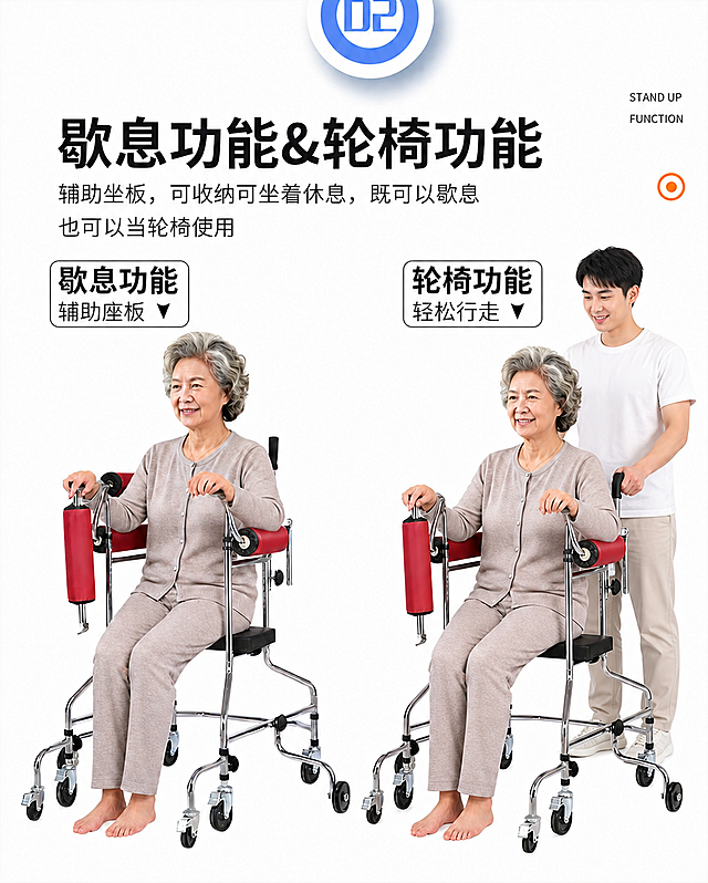 保留原图中所有文字、布局、以及助行器里的老年女性不变，在右侧轮椅功能区域的老年女性身后添加一位年轻人，站立在老人身后扶着助行器推车，保持整体排版和白色背景自然协调