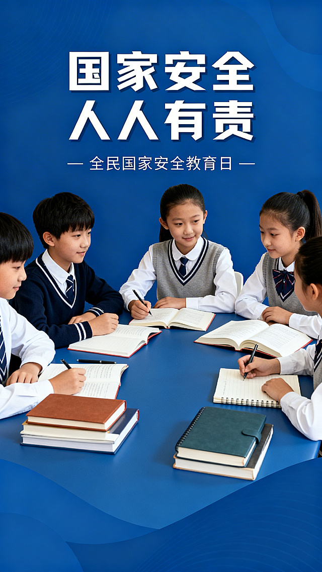 全民国家安全教育日宣传长图海报，蓝色稳重大气风格，展示师生学习安全教育知识的场景，配有文字"国家安全 人人有责"，整体简洁正式，适合教育宣传